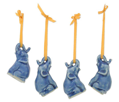 Blue Elephant Heralds Celadon Ceramic Christmas Ornaments (Set of 4)