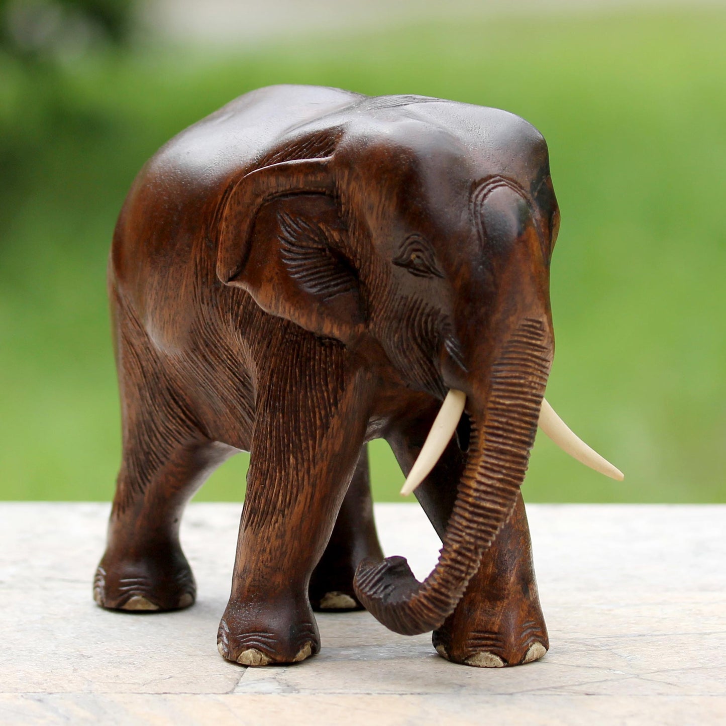 Gentle Thai Elephant Artisan Carved Rain Tree Wood Sculpture