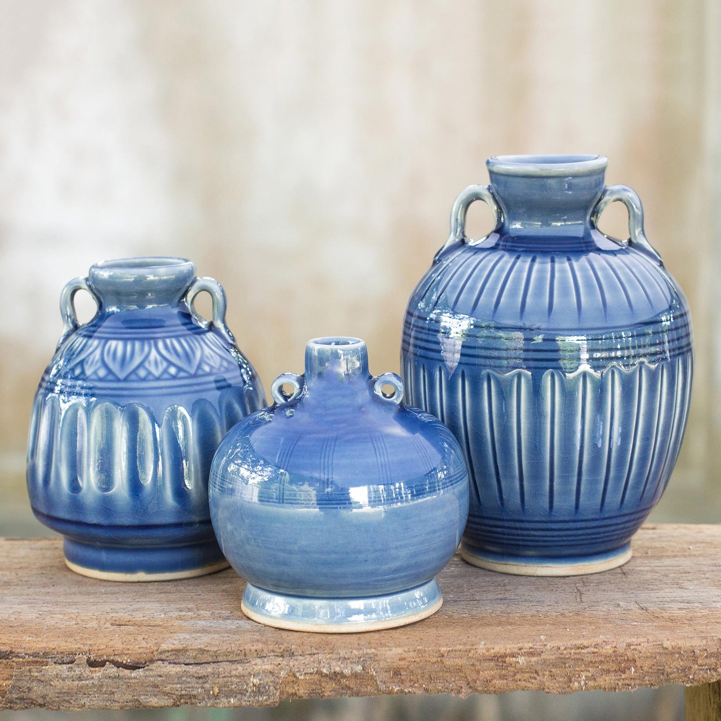 Sawankhalok Sky Celadon Ceramic Blue Vases (Set of 3)