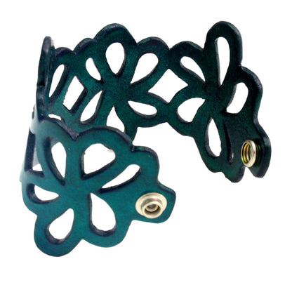 Dark Teal Petals Leather Cuff Bracelet