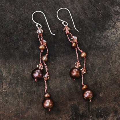 Brown Iridescence Pearl Waterfall Earrings from Thailand