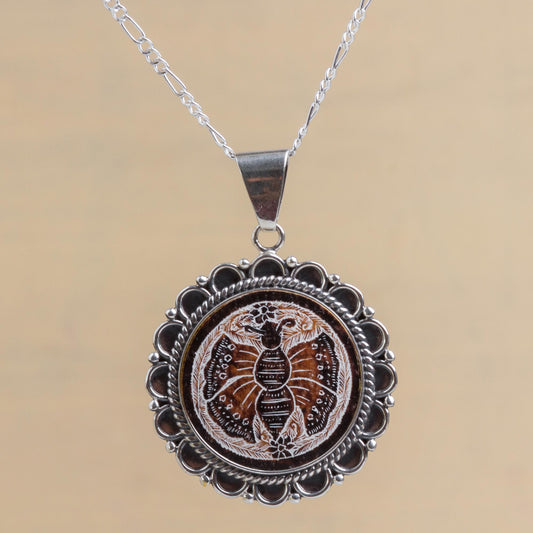 Sunflower Butterfly Peruvian Mate Gourd Pendant Necklace