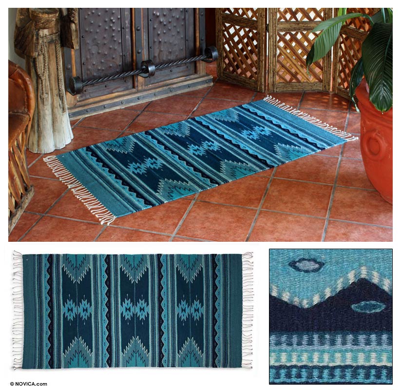 Midnight Blue Blue Geometric Zapotec Wool Area Rug (2.5x5)