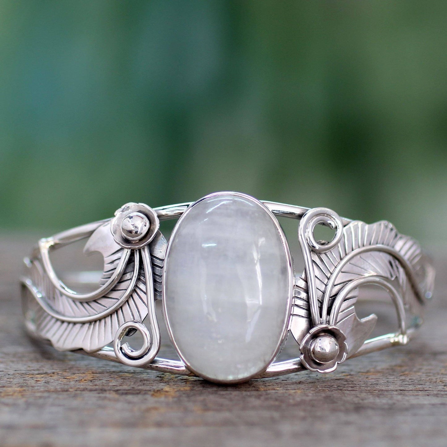 Rainbow Moonstone & Sterling Silver Floral Cuff Bracelet