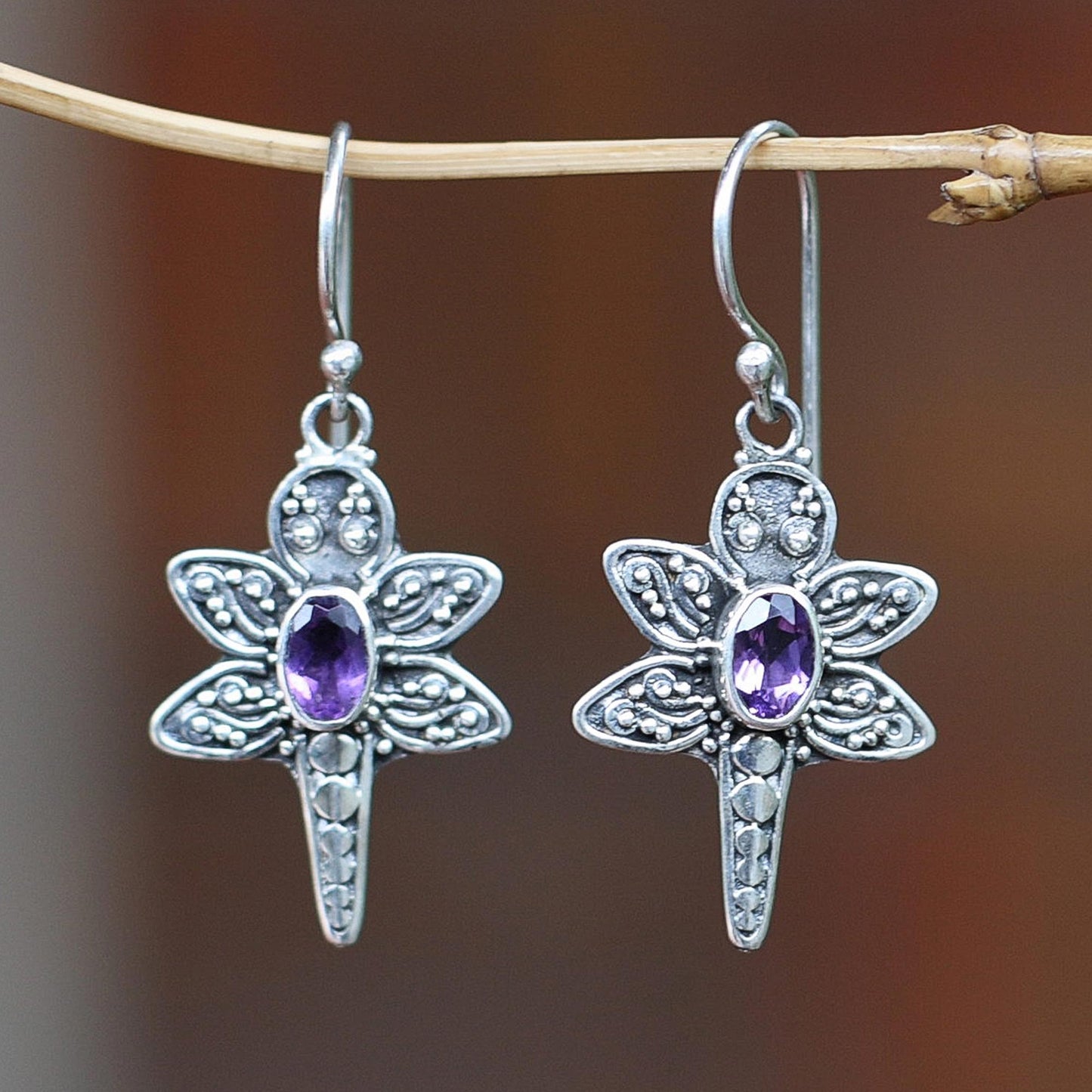 Baby Dragonfly Amethyst & Silver Dangle Earrings