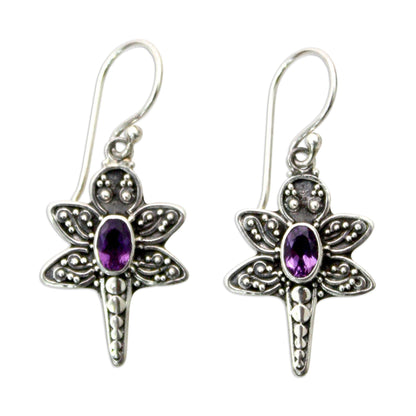 Baby Dragonfly Amethyst & Silver Dangle Earrings