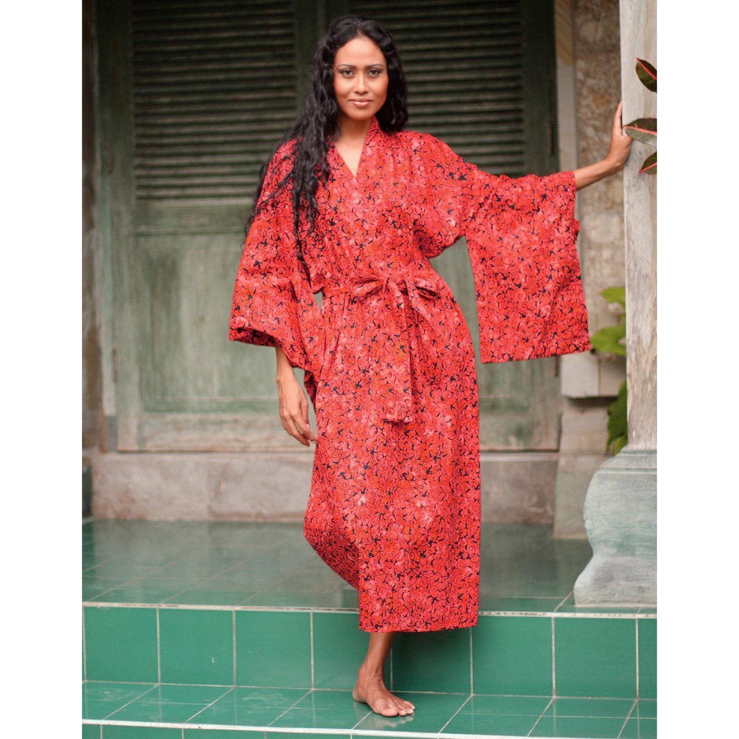 Red Floral Cotton Batik Robe