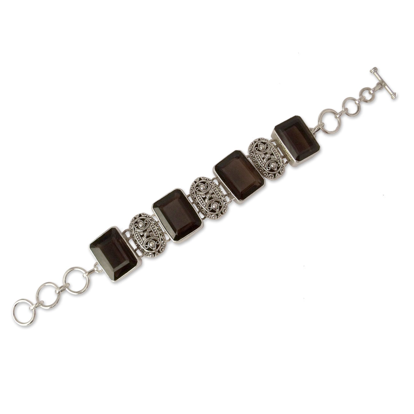 Song of India India Sterling Silver Wristband Bracelet with Smoky Quartz