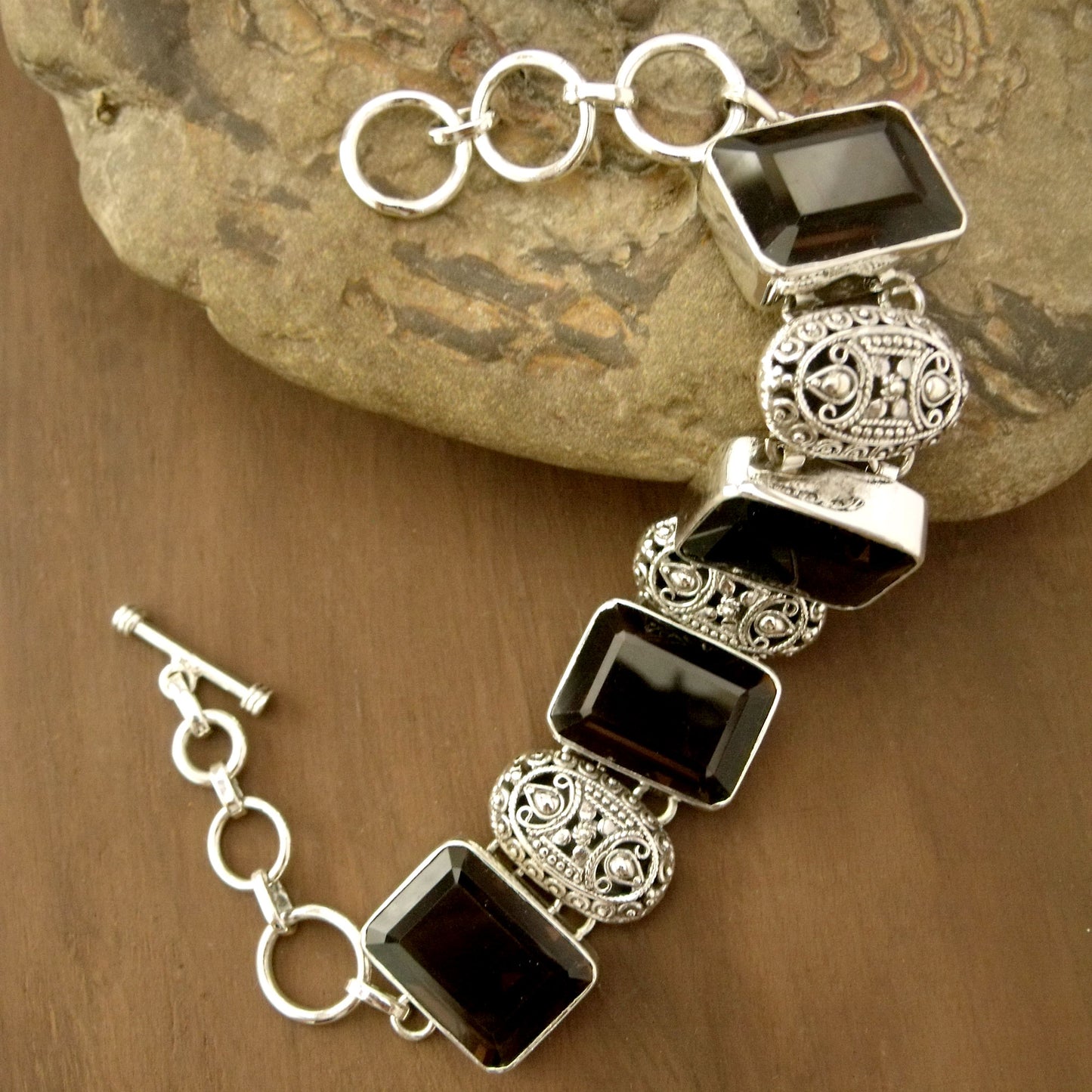 Song of India India Sterling Silver Wristband Bracelet with Smoky Quartz