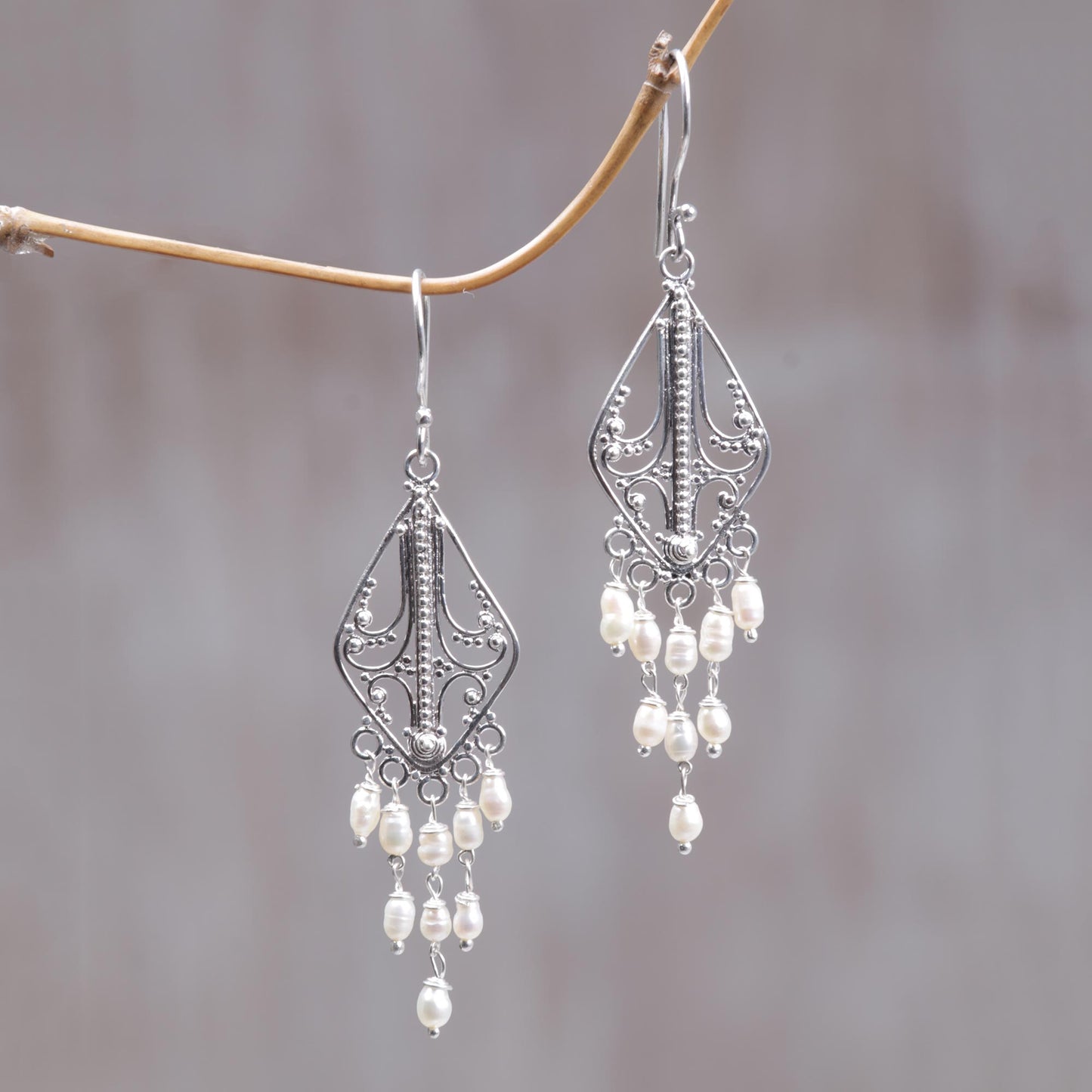 White Iridescence Sterling Silver and Pearl Chandelier Earrings