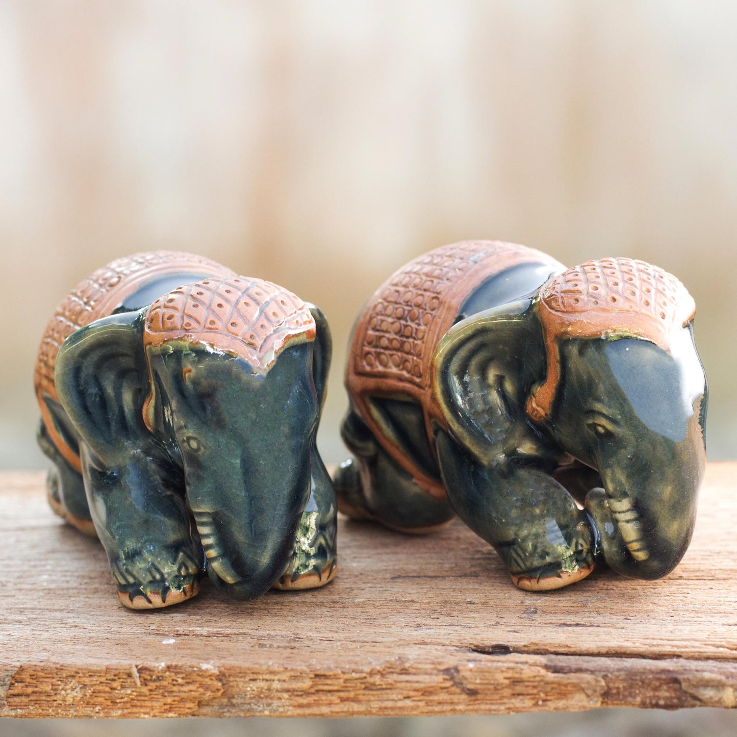 Emerald Elephant Celadon Ceramic Elephant Sculpture (Pair)