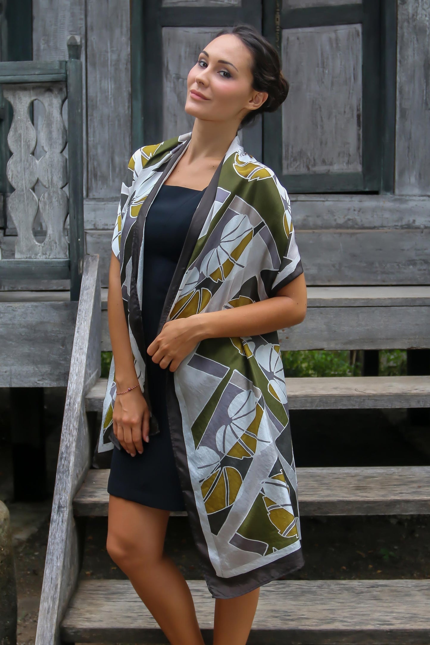 Olive Leaf Artisan Crafted Indonesian Batik Silk Patterned Shawl