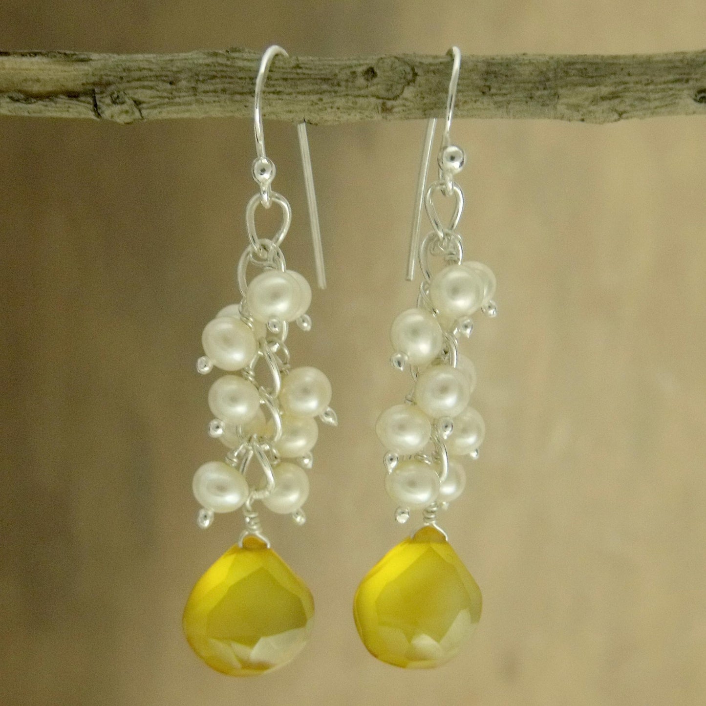 Golden Shimmer Pearl and chalcedony cluster earrings