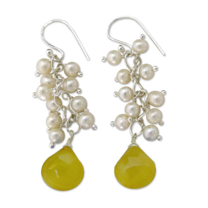 Golden Shimmer Pearl and chalcedony cluster earrings