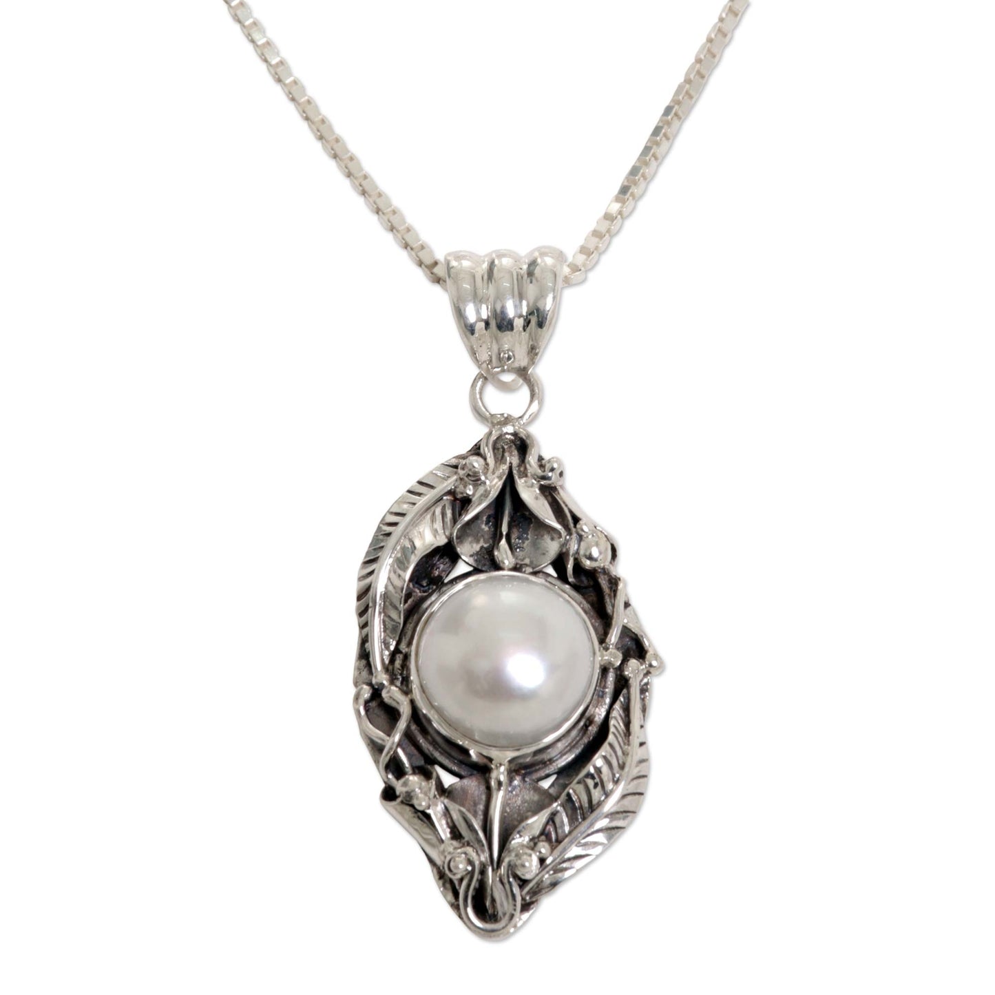 Nest of Lilies Sterling Silver and Cultured Pearl Pendant Necklace