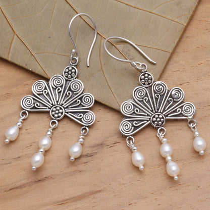 Pink Fan Sterling Silver and Pearl Chandelier Earrings