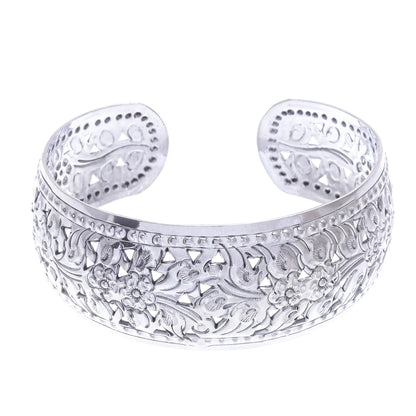 Precious Garland Unique Floral Sterling Silver Cuff Bracelet