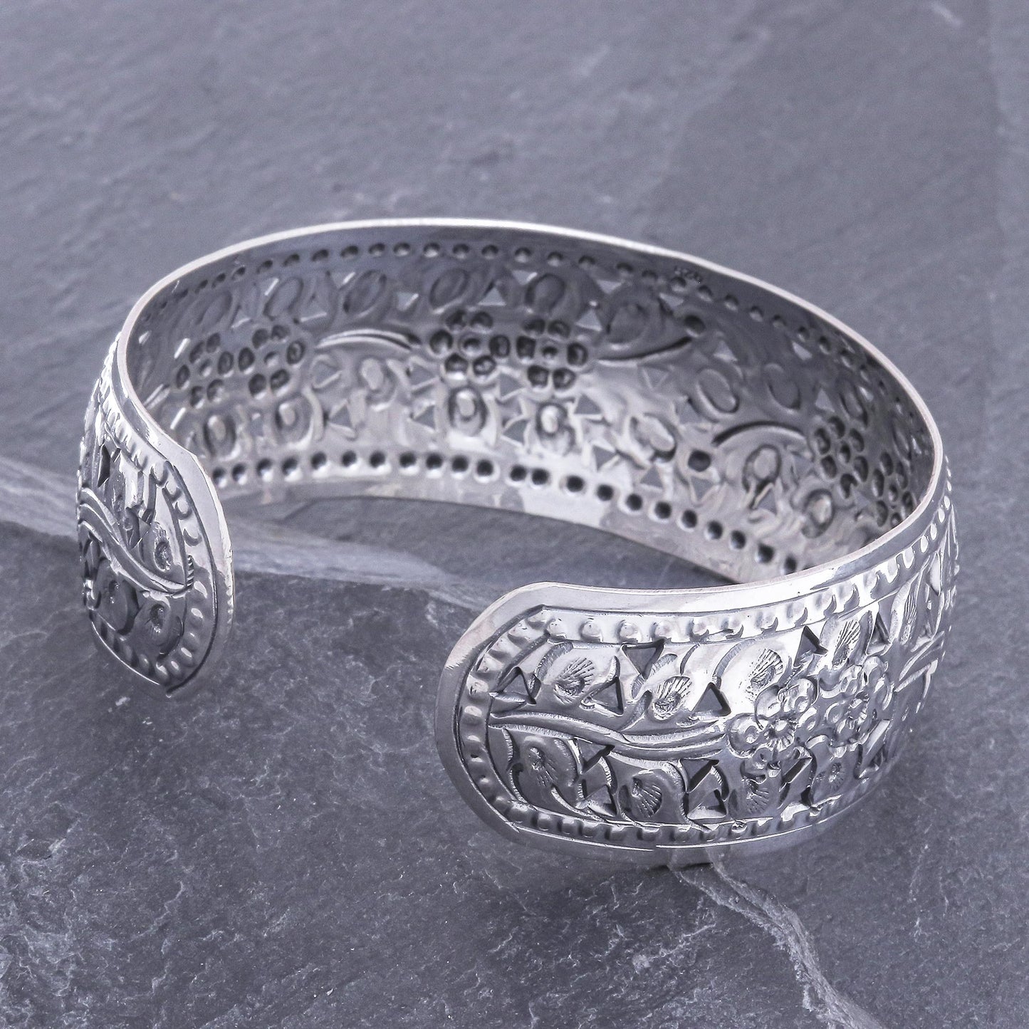 Precious Garland Unique Floral Sterling Silver Cuff Bracelet