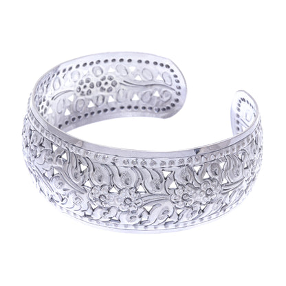 Precious Garland Unique Floral Sterling Silver Cuff Bracelet