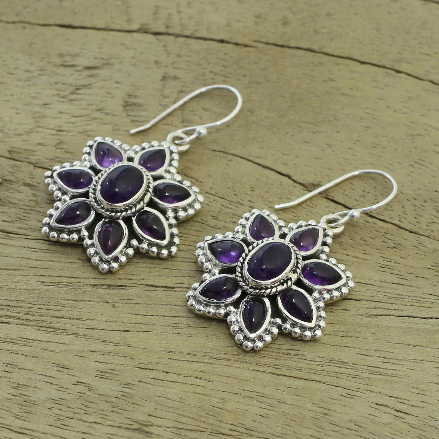 Purple Blossom Unique Floral Sterling Silver and Amethyst Dangle Earrings