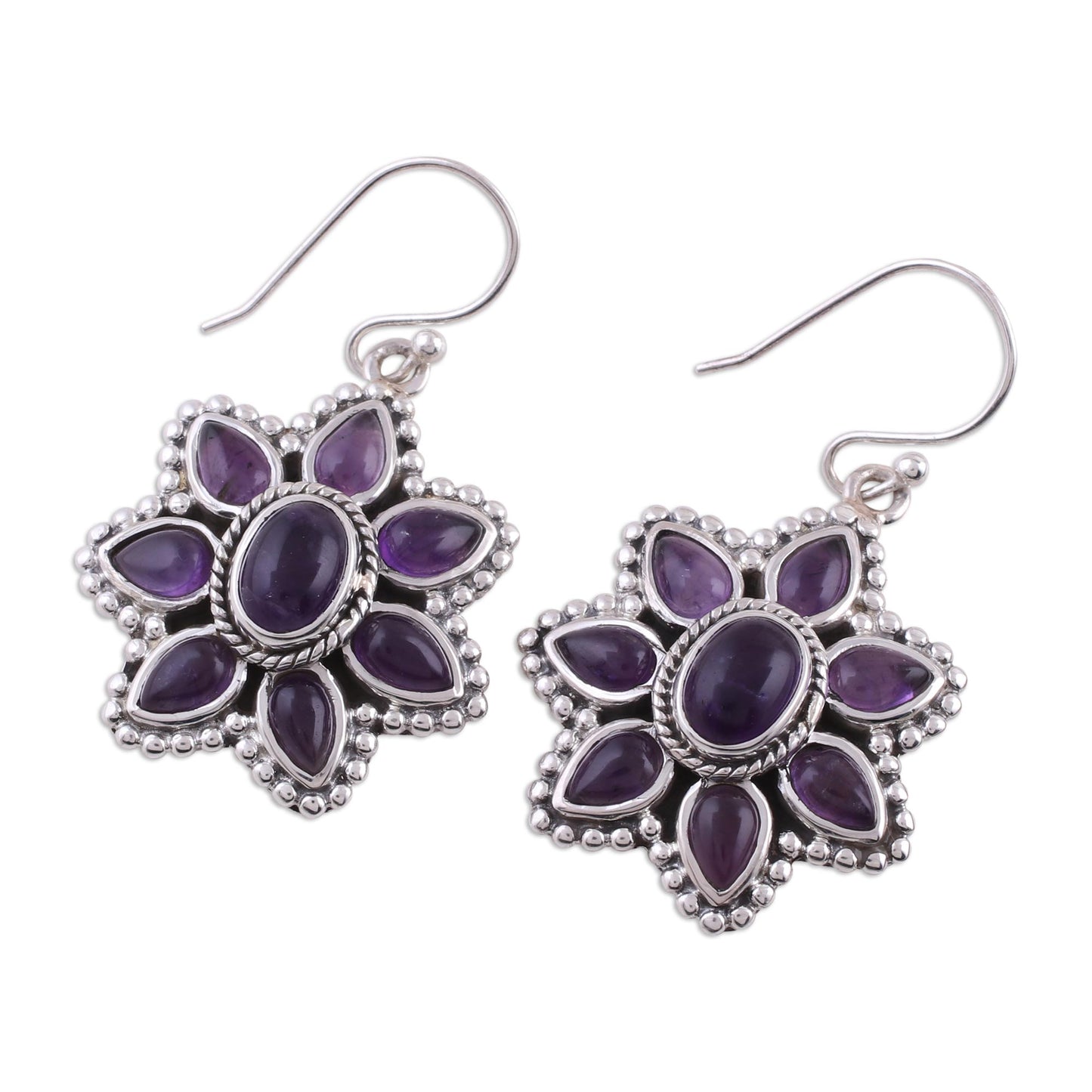 Purple Blossom Unique Floral Sterling Silver and Amethyst Dangle Earrings