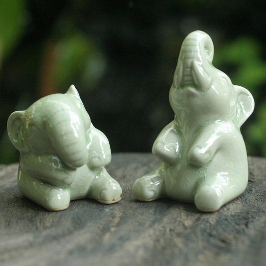 Happy Green Elephants Hand Made Celadon Ceramic Sculptures (Pair)