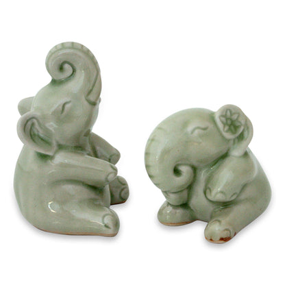 Happy Green Elephants Hand Made Celadon Ceramic Sculptures (Pair)