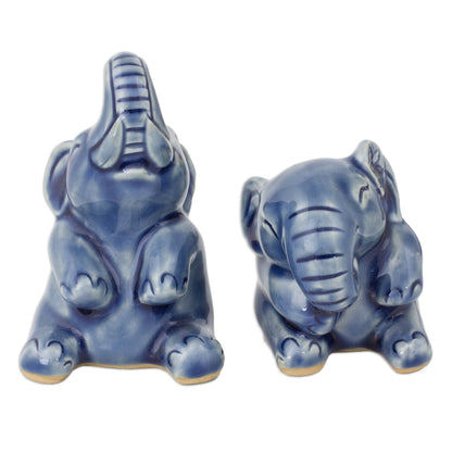 Happy Blue Elephants Hand Crafted Celadon Ceramic Sculptures (Pair)