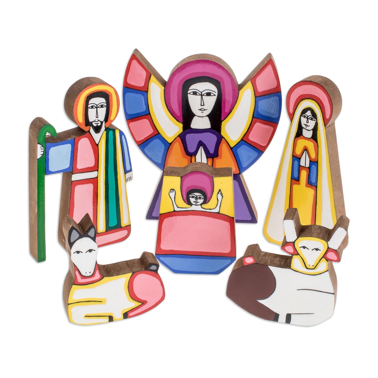 Christmas Color Handmade Religious Wood Nativity Scene Sculpture (11 Pieces)