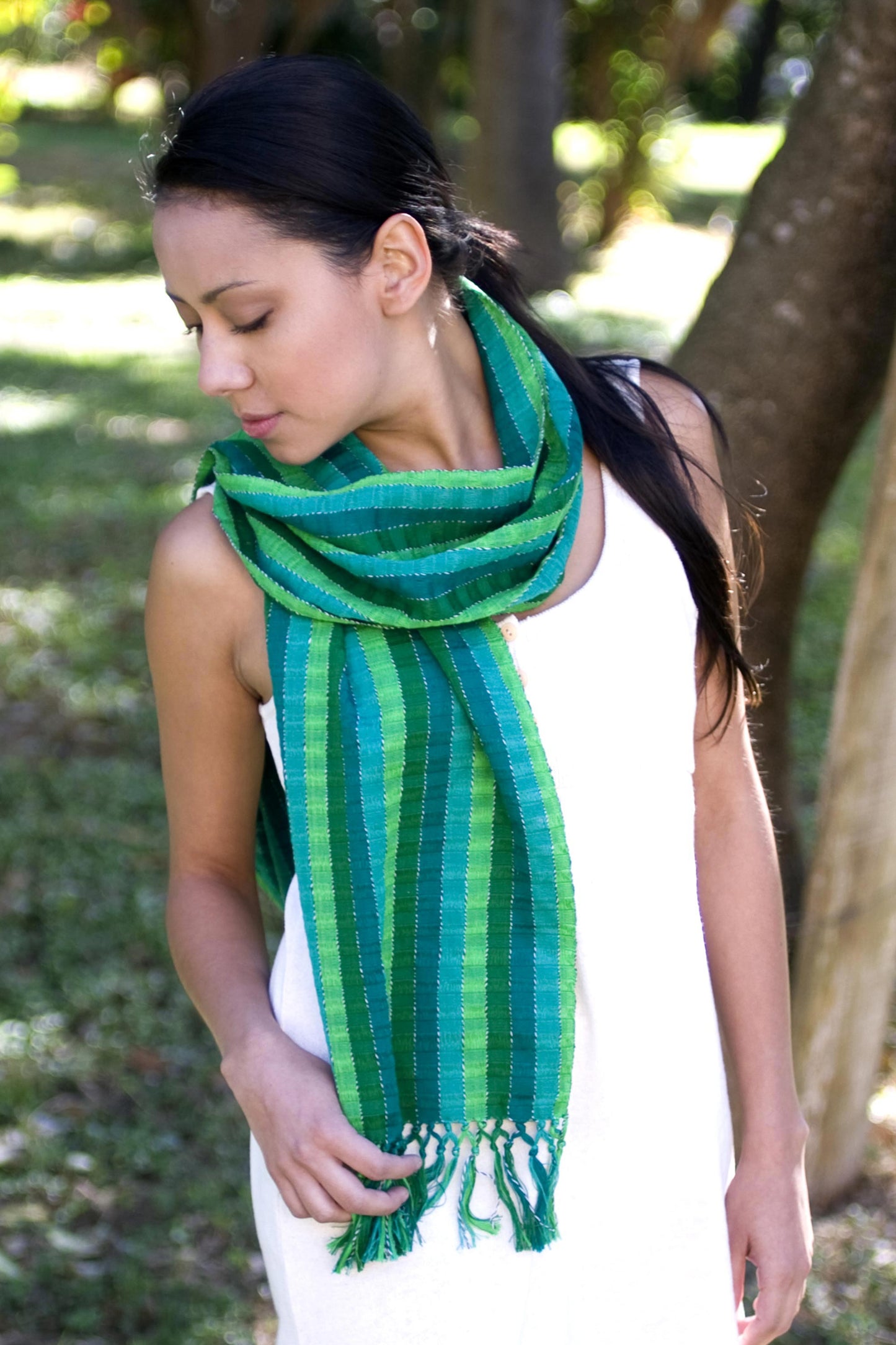 Jade Fields Green Cotton Scarf Woven By Hand