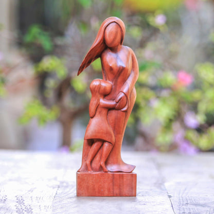 Mother and Daughter Artisan Crafted Wood Family Sculpture