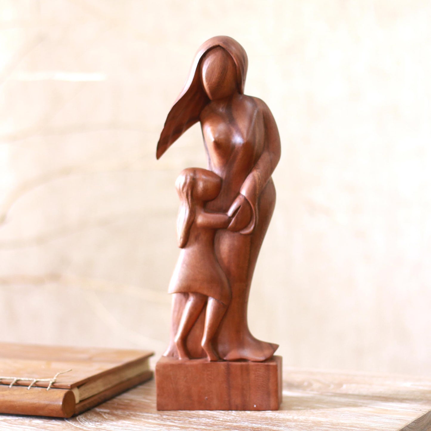 Mother and Daughter Artisan Crafted Wood Family Sculpture