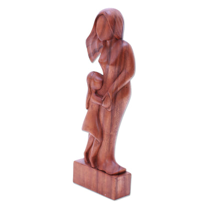 Mother and Daughter Artisan Crafted Wood Family Sculpture