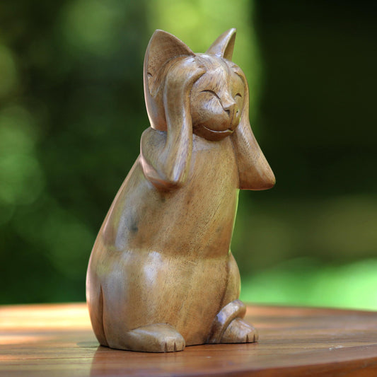 Hear No Evil Cat Wood Animal Sculpture