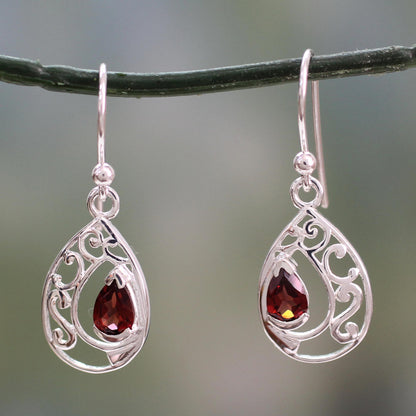 Lace Halo Earrings with Garnet and Sterling Silver Handmade in India