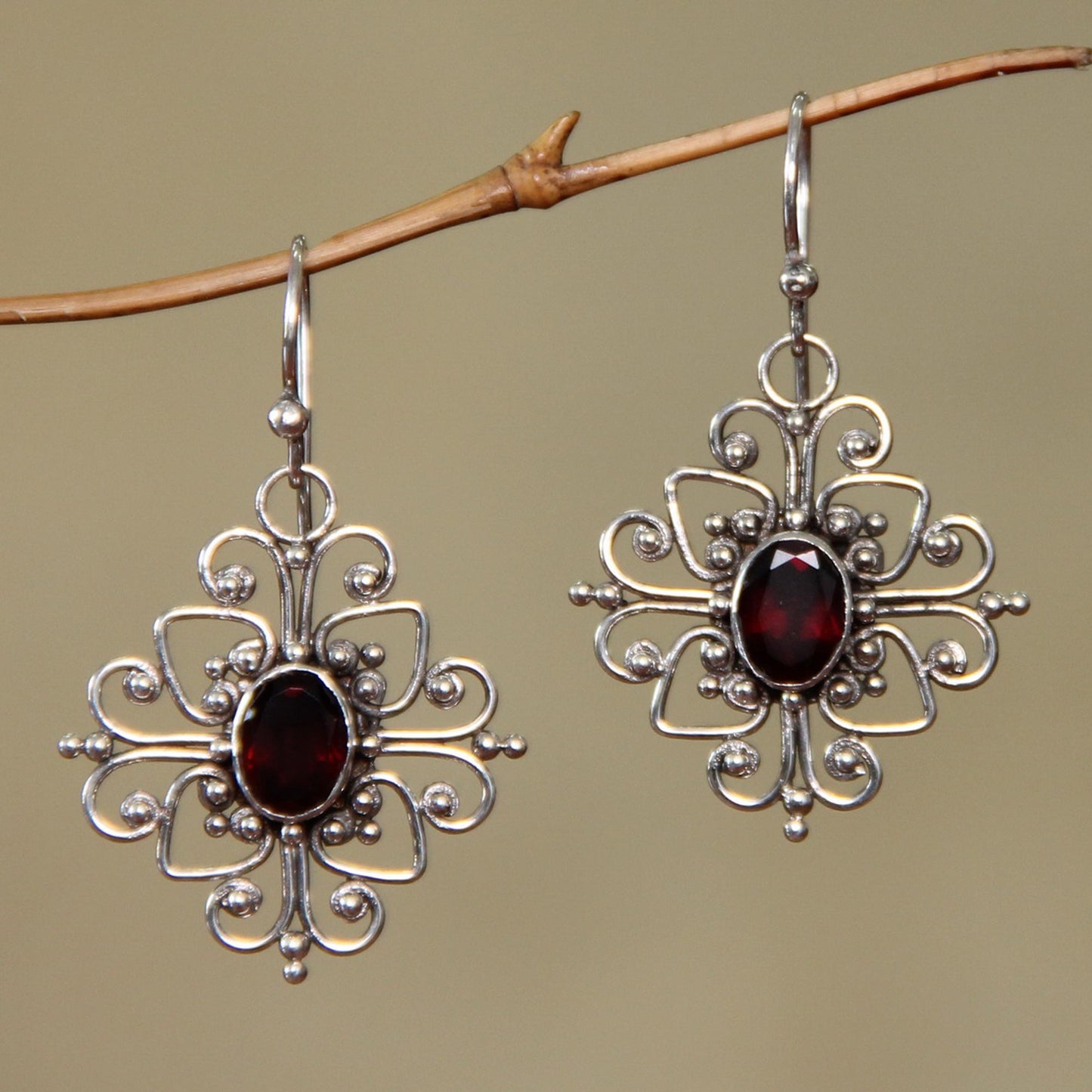 Radiant Blossom Hand Made Garnet and Sterling Silver Dangle Earrings