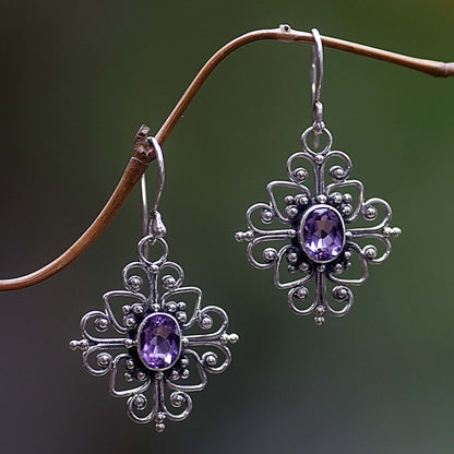 Radiant Blossom Floral Sterling Silver and Amethyst Dangle Earrings