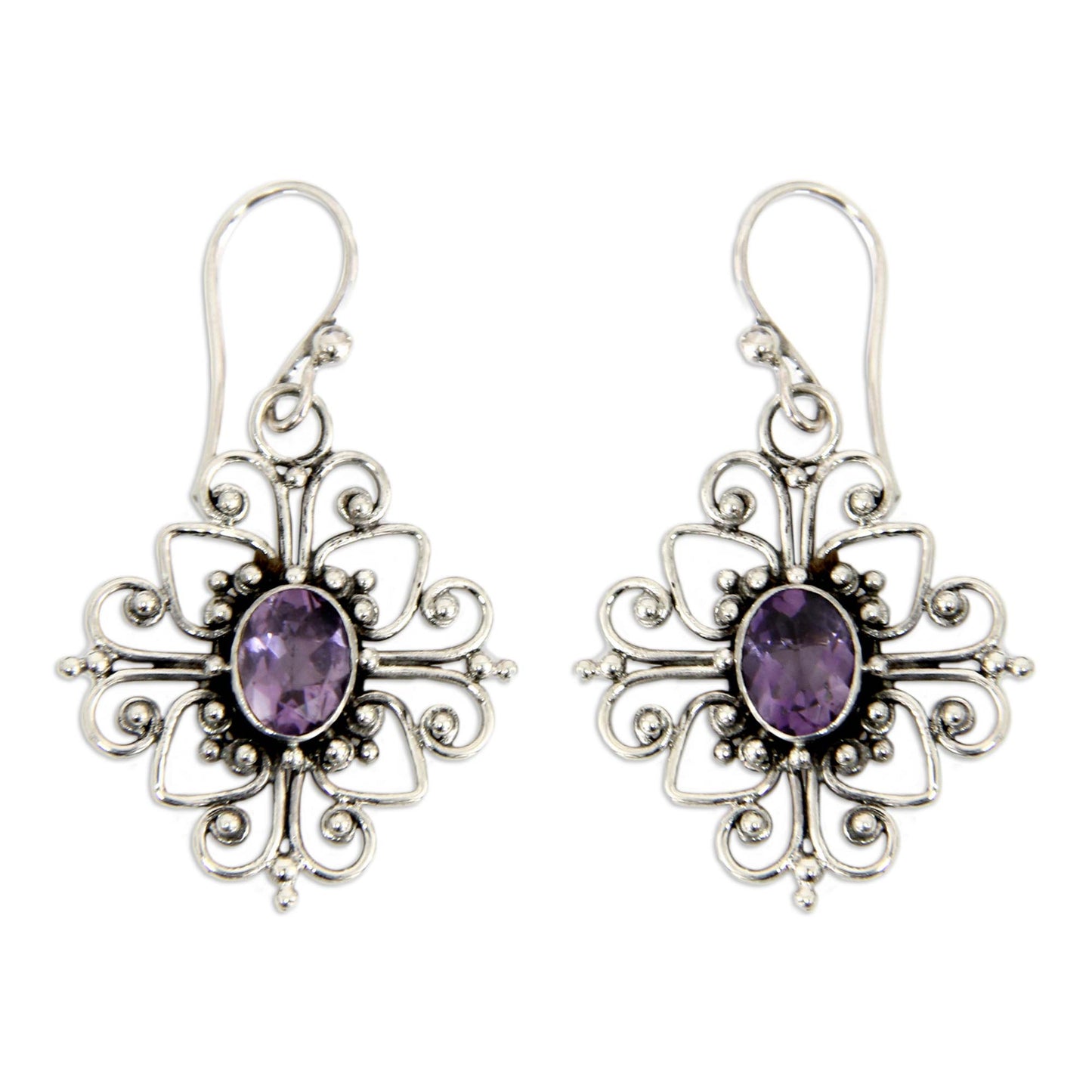 Radiant Blossom Floral Sterling Silver and Amethyst Dangle Earrings