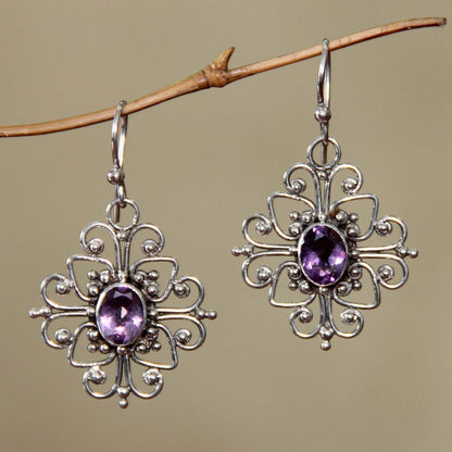 Radiant Blossom Floral Sterling Silver and Amethyst Dangle Earrings