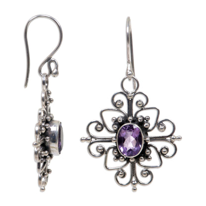 Radiant Blossom Floral Sterling Silver and Amethyst Dangle Earrings