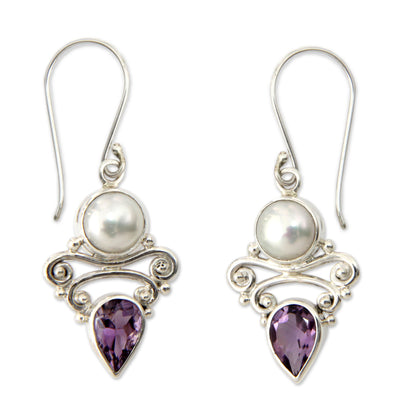 Guardian Moon Amethyst White Pearl Silver Bridal Earrings