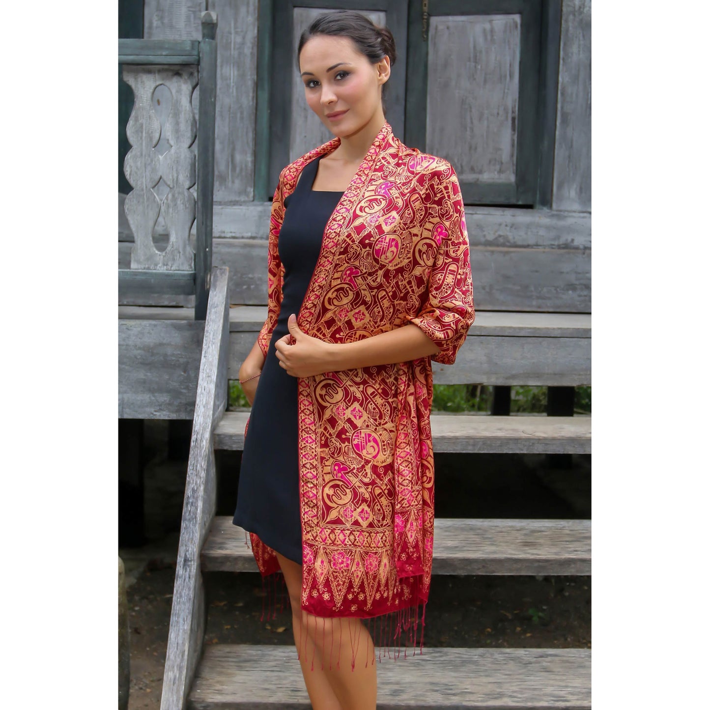 Jakarta Lady Red Silk Batik Shawl