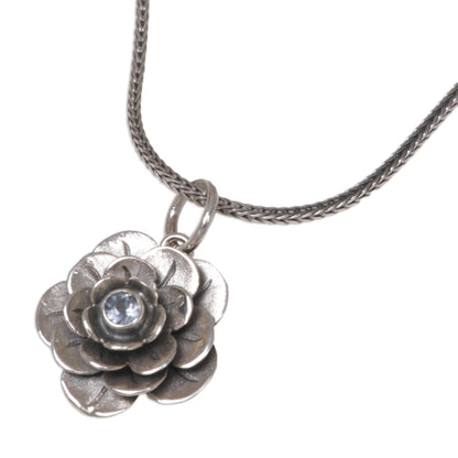 Holy Lotus Handcrafted Floral Silver and Blue Topaz Necklace