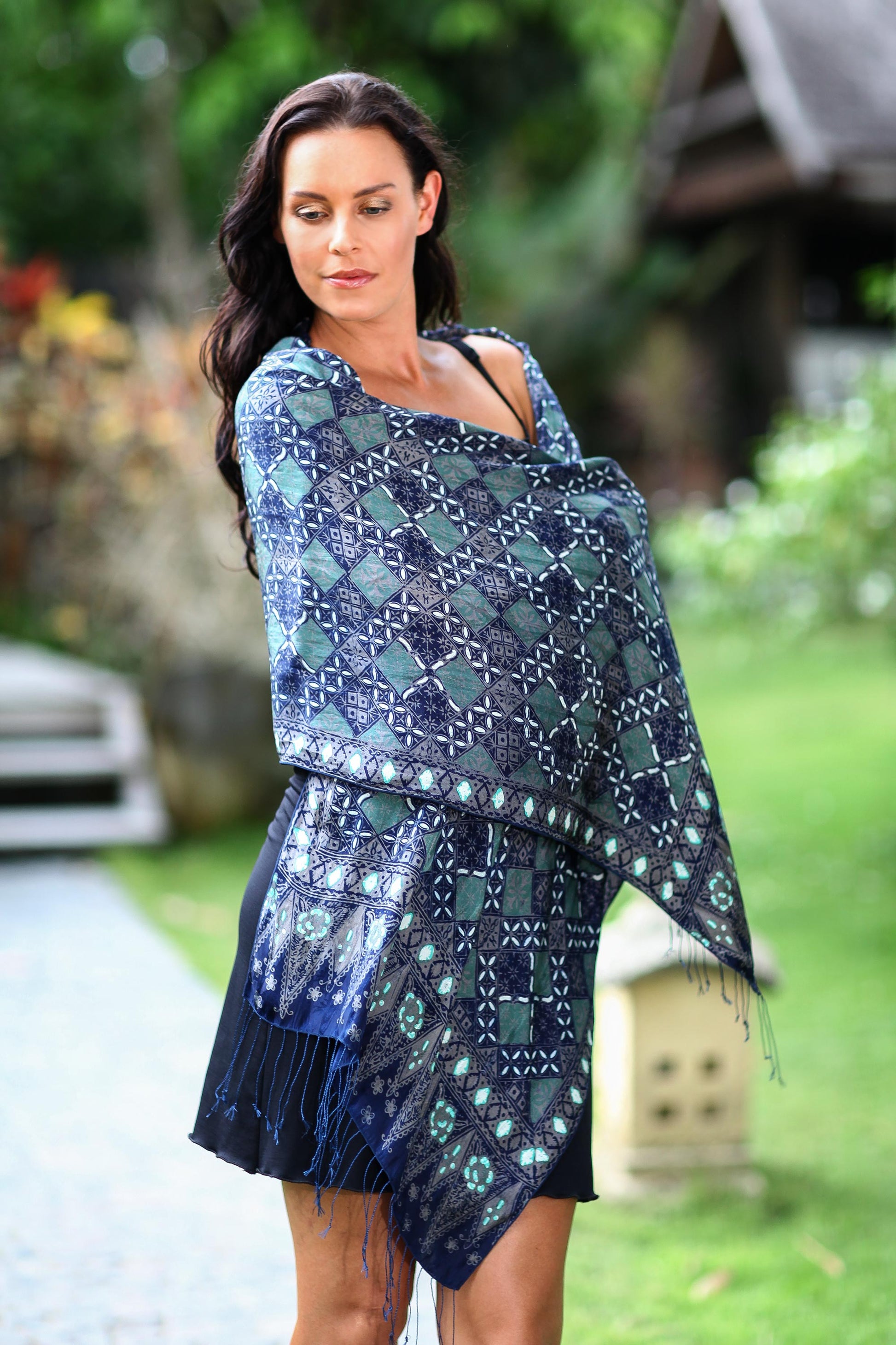 NOVICA Java Starlight Fair Trade Batik Silk Patterned Blue Shawl | GreaterGood NOVICA Java Starlight Fair Trade Batik Silk Patterned Blue Shawl | GreaterGood