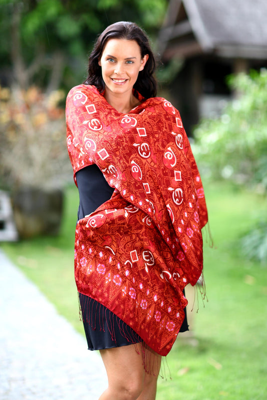 Red Modern Art Handmade Silk Batik Shawl
