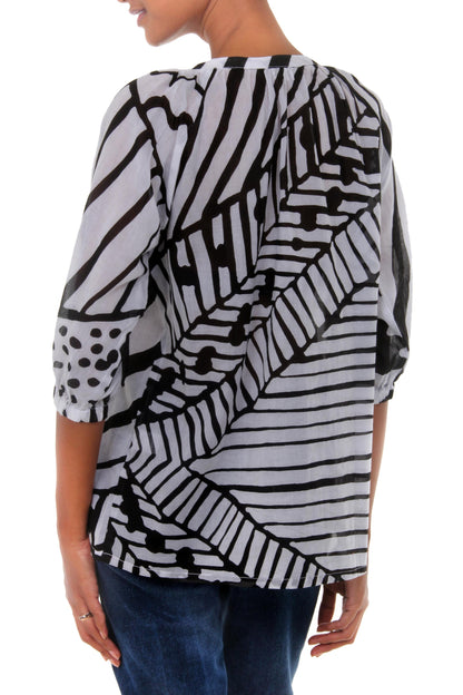 Island Life Batik Cotton Patterned Blouse in Black and White