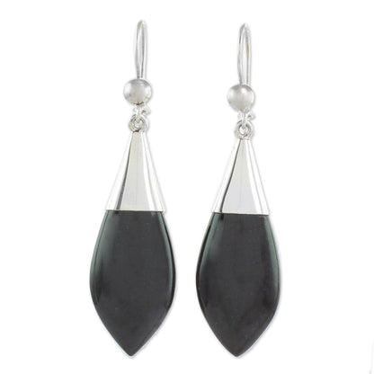 Maya Lance of Night Modern Sterling Silver Jade Dangle Earrings