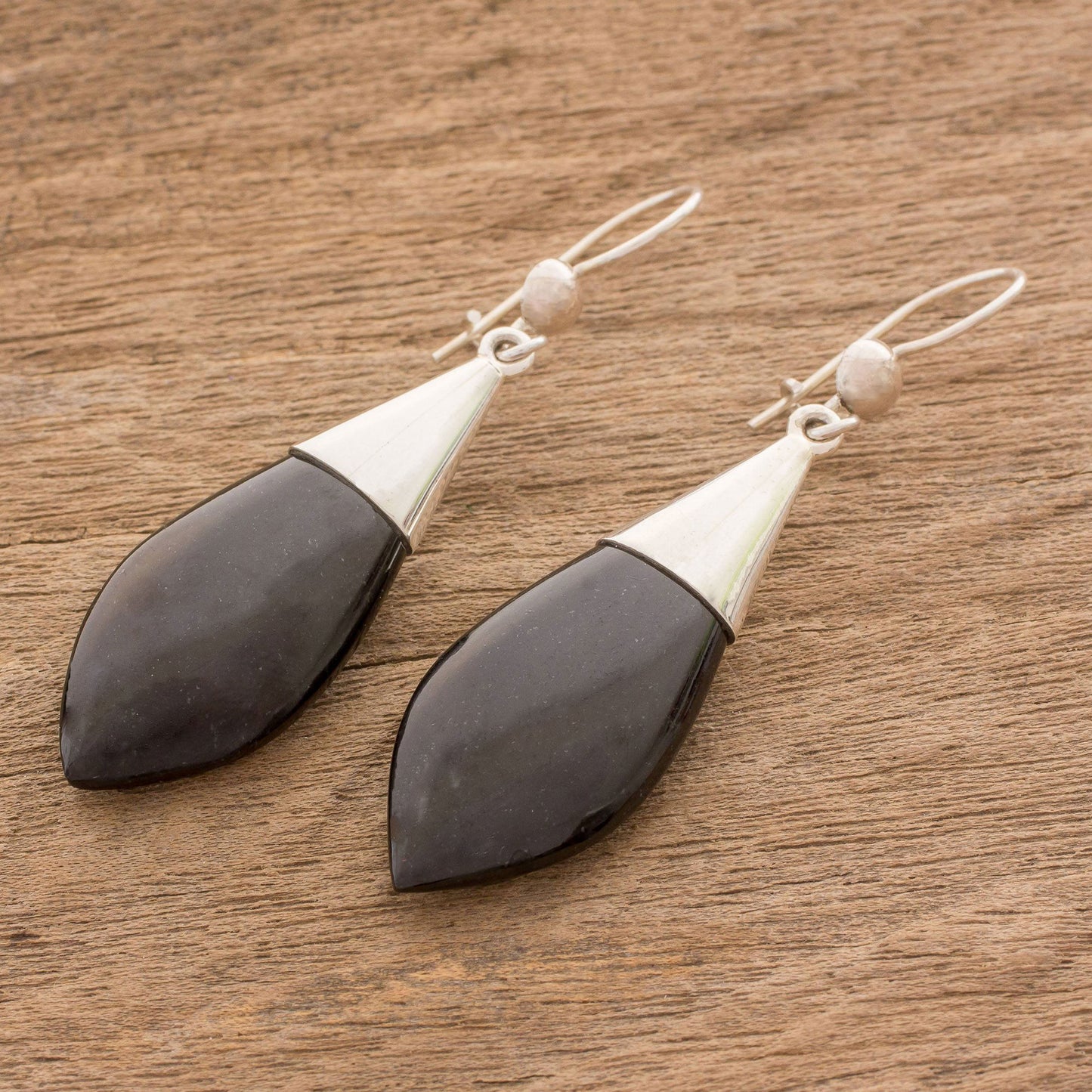 Maya Lance of Night Modern Sterling Silver Jade Dangle Earrings