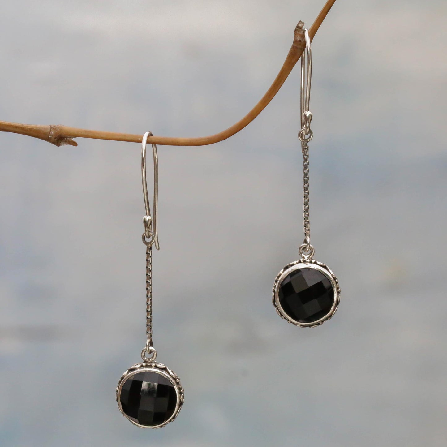 Faces of Night Onyx and Sterling Silver Dangle Earrings