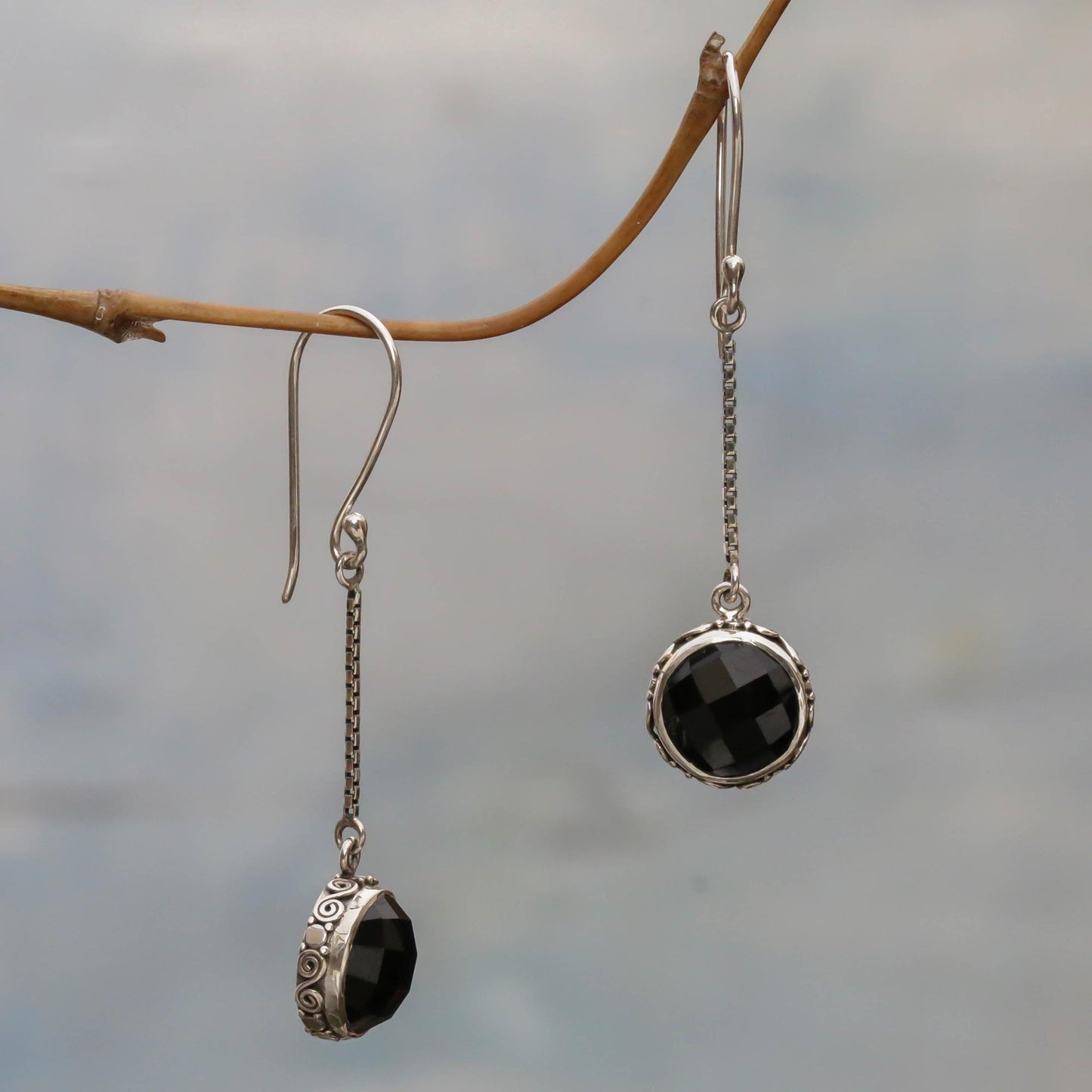 Faces of Night Onyx and Sterling Silver Dangle Earrings